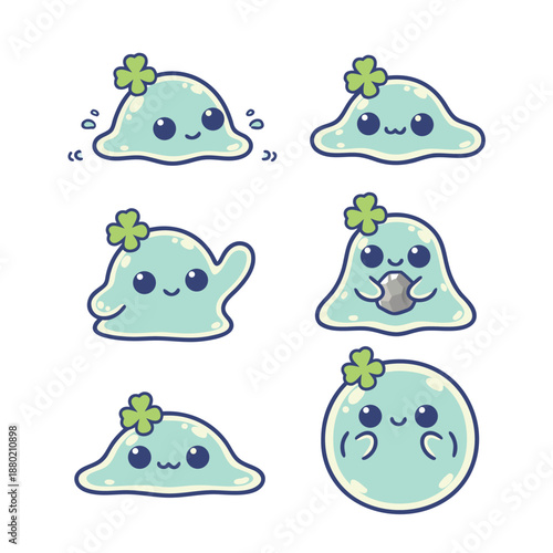 Cute green slime monster with clover leaf on head.