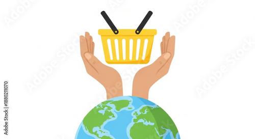 World Consumer Rights Day Hands Holding Shopping Basket Above Earth Globe, Sustainable Consumption Concept, Digital Illustration, White Background, Front View