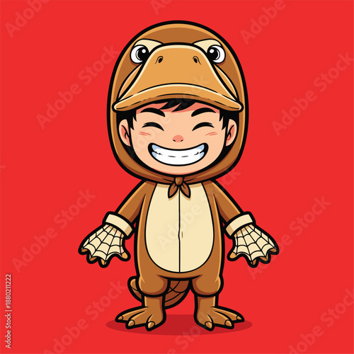 Happy child wearing cute platypus costume illustration.