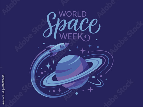 World Space Week celebration with rocket and Saturn planet.