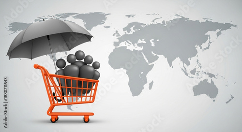 Business protection concept with shopping cart, umbrella, and 3D people figures in global market illustration