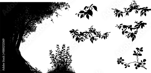 High quality vector set of tree silhouettes. Various types of trees including pine, palm, deciduous, and bush elements. Perfect for landscape design, architectural rendering, logo design, and nature 