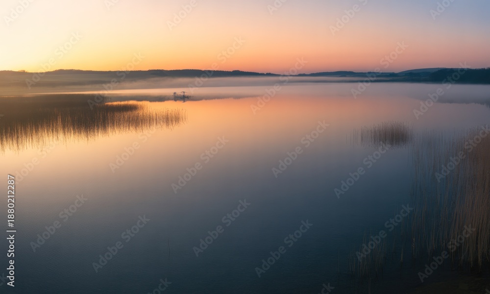 Fototapeta premium Calm lake reflects sunrise hues, light mist shrouds distant shore, reeds in foreground