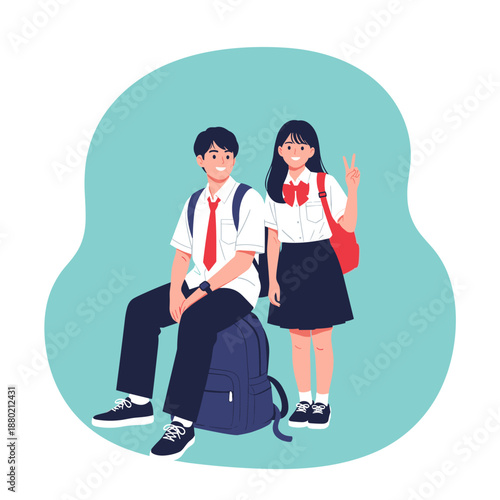 Young business couple walking together smiling in a vector illustration style