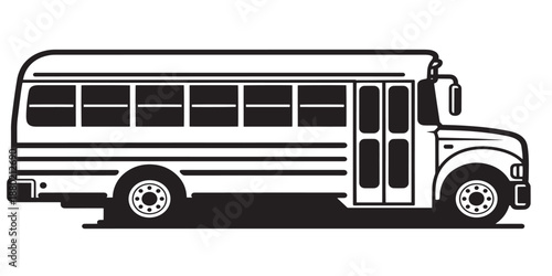 Black and white illustration of a school bus with clean bold outlines and minimal detail. The simple monochrome style makes it ideal for educational materials, coloring pages