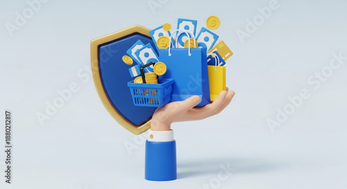 World Consumer Rights Day Financial security in online shopping A stylized hand holds cash-filled bags with a shield, symbolizing safe transactions, maximizing savings, and protecting digital payments