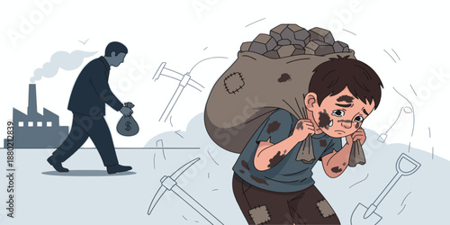 Conceptual illustration highlighting the issue of child labour and social injustice. The artwork conveys awareness, education, and human rights themes