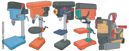 Drill press machine set illustration in clean flat style, showing various bench and floor drill designs for workshop, manufacturing, and industrial use.