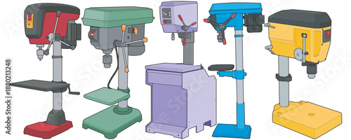 Drill press machine set illustration in clean flat style, showing various bench and floor drill designs for workshop, manufacturing, and industrial use.