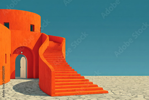 A minimalist architectural scene featuring a bright orange building and a curved staircase leading upward. 