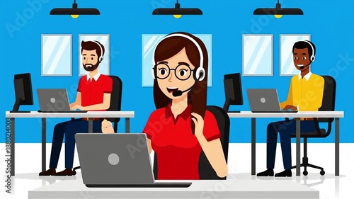 Happy female telemarketer with headset gesturing with hand while talking to customer online with team of male coworkers in background office