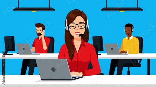 Woman customer service agent with headset talking to client while sitting at desk with laptop in busy office with male colleagues working