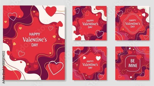 Creative concept of Happy Valentines Day cards set. Modern abstract art design with hearts, wavy and liquid shapes. Templates for celebration, ads, branding, banner, cover, label, poster, sales