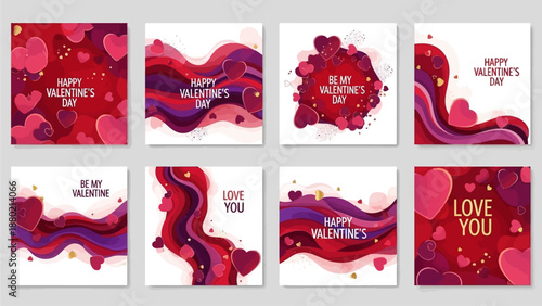 Creative concept of Happy Valentines Day cards set. Modern abstract art design with hearts, wavy and liquid shapes. Templates for celebration, ads, branding, banner, cover, label, poster, sales