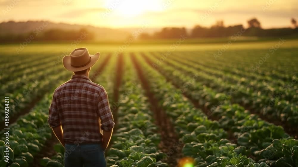 custom made wallpaper toronto digitalMan in cowboy hat surveys endless green crop field bathed in warm golden sunset light