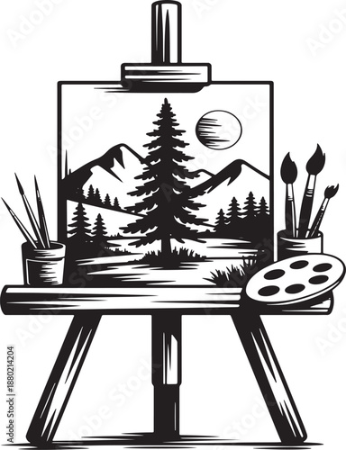 Black and white silhouette of an easel displaying a landscape painting with supplies