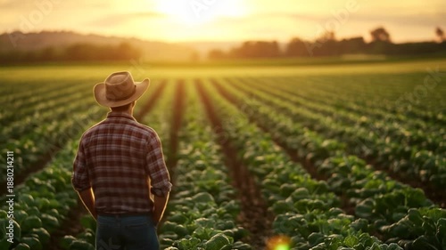 Wallpaper Mural Man in cowboy hat surveys endless green crop field bathed in warm golden sunset light Torontodigital.ca