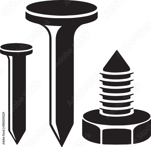 Black silhouette of two nails and a bolt on a white background screw fastener