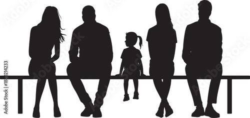 Black silhouettes of a family of five sitting on a bench people