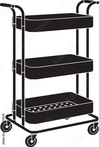 Black three tier service cart with wheels and handles on white background trolley