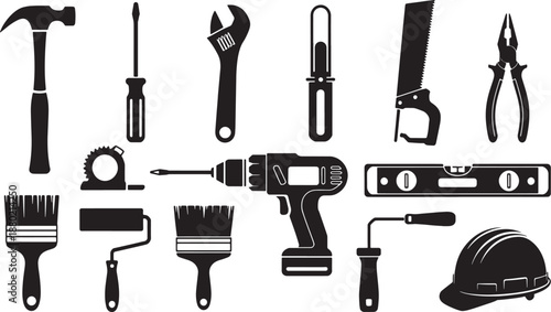 Collection of black silhouette construction and repair tools on a white background