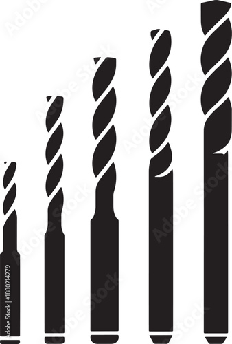Five black drill bits of varying sizes arranged in ascending order on a white background