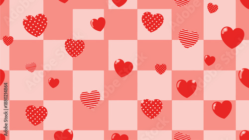 Cute romantic red love hearts on a pink checkered background seamless pattern print. Valentine's Day holiday illustration background texture, romantic wedding design