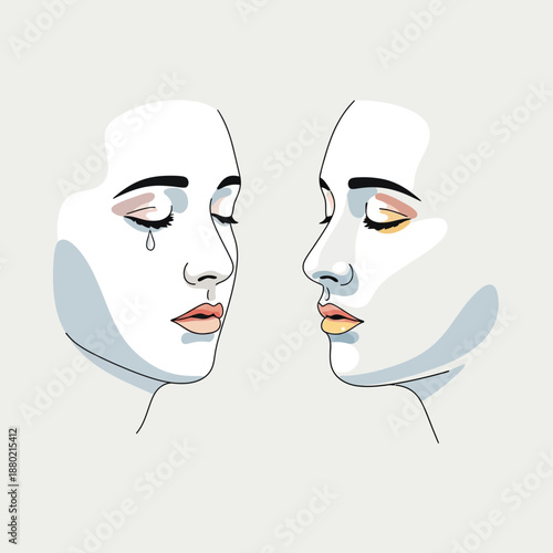 Emotional Contrast: Sadness and Resignation Illustrated Faces