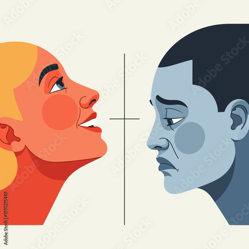 Opposite Emotions: Happy Woman and Sad Man Facing Each Other