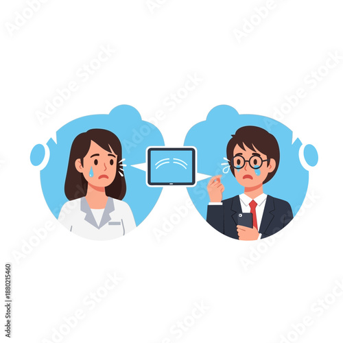 Sad people communicating online, digital communication breakdown, emotional distress