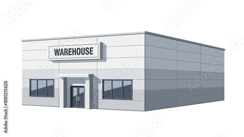 Modern industrial warehouse building vector illustration, symbolizing commercial storage, logistics, and distribution infrastructure for goods and inventory management