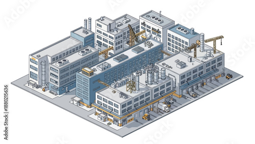 Isometric illustration of a vast industrial complex with multiple factory buildings, warehouses, and manufacturing infrastructure, representing modern production and development