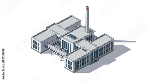 Isometric modern factory building illustration. Industrial complex with chimney, representing manufacturing and production facilities. Contemporary vector graphic for business