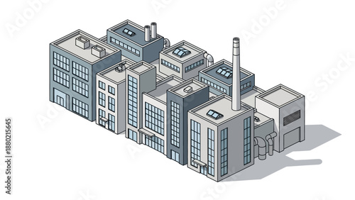 Isometric illustration of a modern industrial and corporate complex, showcasing diverse factory buildings and contemporary office structures within an organized urban layout