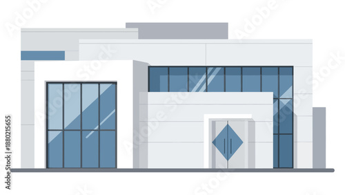 Contemporary minimalist building with large glass windows and a clean, geometric facade, embodying modern architecture and a sleek, professional design ideal for various commercial or public uses