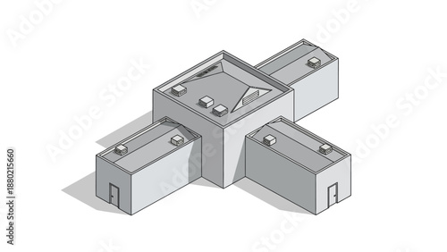 Modern isometric illustration of an abstract modular building complex, featuring interconnected architectural structures ideal for urban planning concepts and structural diagrams