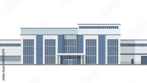 Modern Flat Design Industrial Building Illustration with Minimalist Architecture and Clean Lines, Representing Commercial or Production Facility Front View
