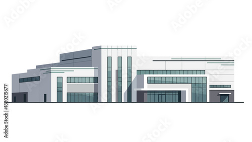 Modern architectural illustration of a large industrial or commercial facility, featuring clean lines and contemporary design for business operations and infrastructure projects