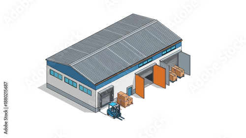 Detailed isometric vector illustration showcasing a busy industrial warehouse with a forklift managing cargo, representing global logistics, distribution, and manufacturing processes