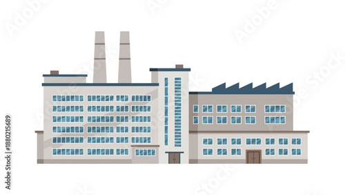 Contemporary flat design illustration of a bustling industrial factory complex with multiple buildings and prominent smokestacks, symbolizing production, economic activity, and manufacturing progress