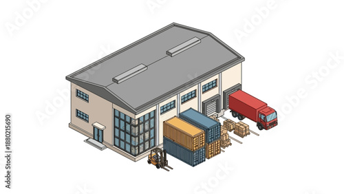 Industrial warehouse isometric illustration featuring a delivery truck, shipping containers, and a forklift for logistics and storage operations