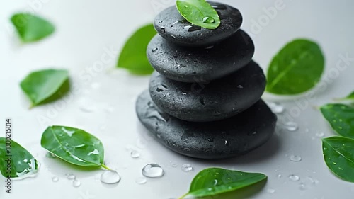 Wallpaper Mural A stack of wet, dark spa stones with green leaves and water droplets on a white surface Torontodigital.ca