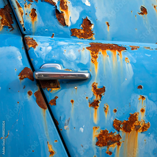 Close Up of Rusty Blue Car Door with Peeling Paint