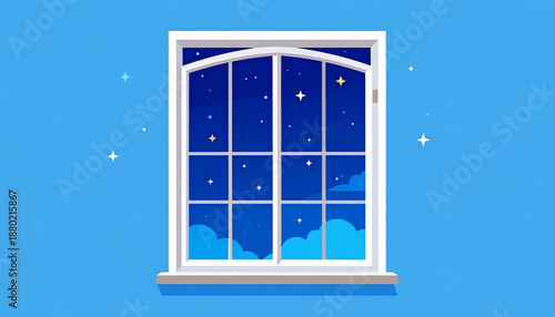 夜の窓から見える星空と青い壁の背景イラスト 中央配置の窓があるシンプルな素材
