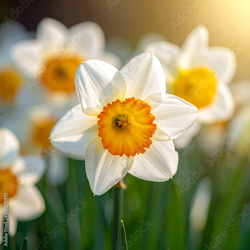 Close Up of White Daffodils with Orange Center in Sunlit Garden