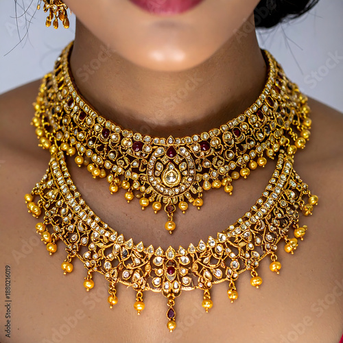 Close Up of Woman Wearing Intricate Gold Jewelry Necklace