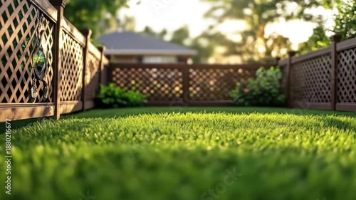 Wallpaper Mural Lush green grass in a sunlit backyard with a trellis fence and blurred house/trees Torontodigital.ca