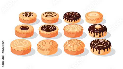 twelve decorative round pastries cookies golden brown base chocolate icing swirl geometric designs dessert art
