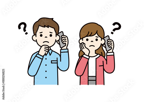 心配そうな表情で通話する、若い男性と女性・夫婦の上半身ベクターイラスト素材セット＿カラー