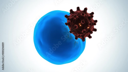 3D medical animation of a virus pathogen attaching to a blue human cell causing infection